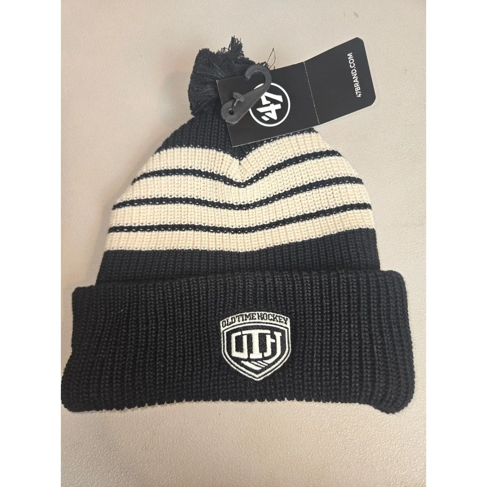 47 Brand Boston Bruins Old Time Hockey Barn Cuff Knit Beanie Pom Hat Black Cream